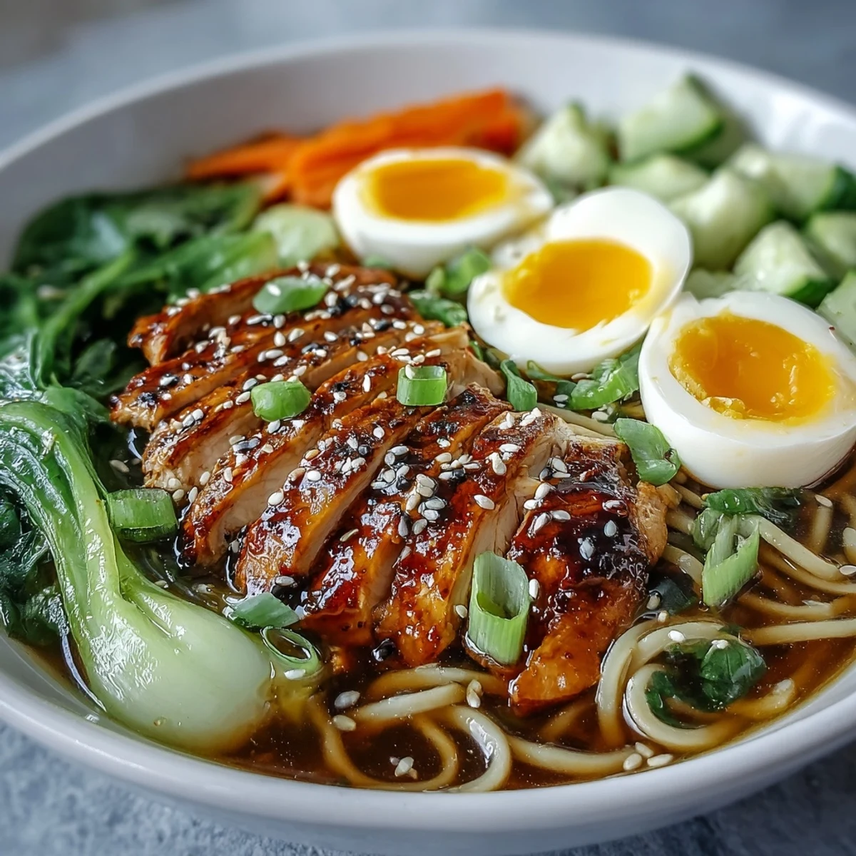A steaming bowl of Healthy Miso Chicken Noodle Bowls with soba noodles, bok choy, and sliced chicken.  
