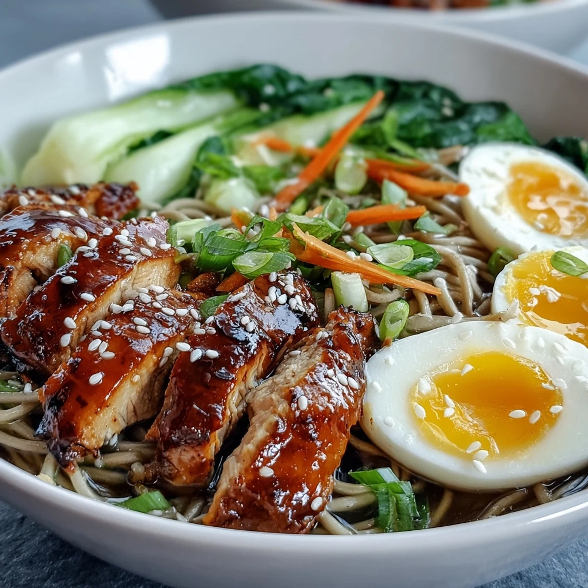 Healthy Miso Chicken Noodle Bowls garnished with cilantro, nori strips, and chili oil in a rich miso broth.