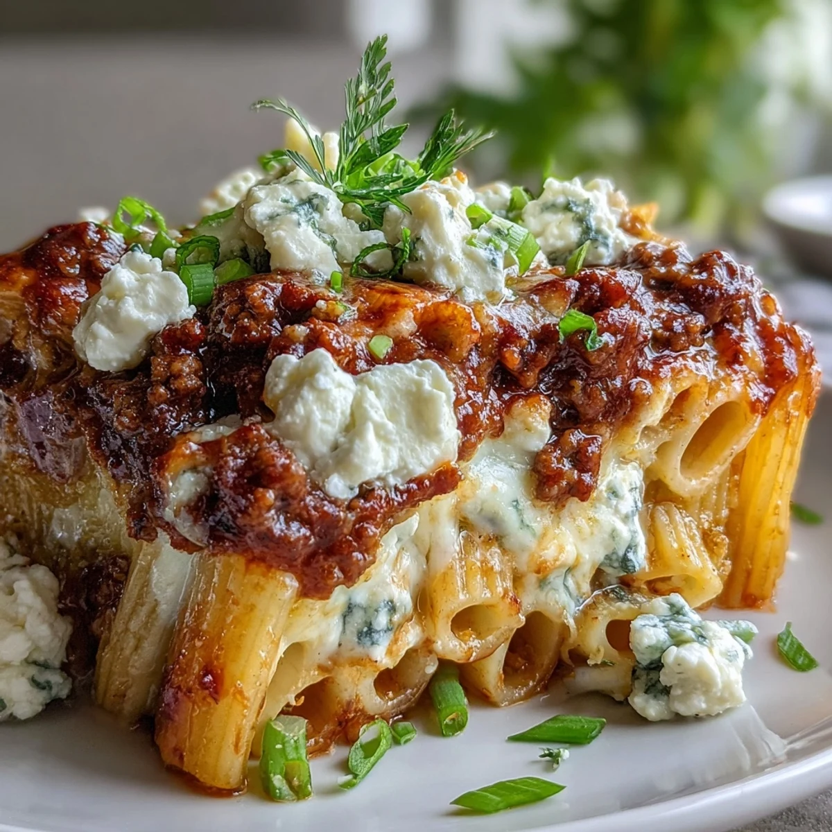 A freshly baked Cottage Cheese Protein Pasta Bake with Ground Beef, garnished with parsley and paired with salad.