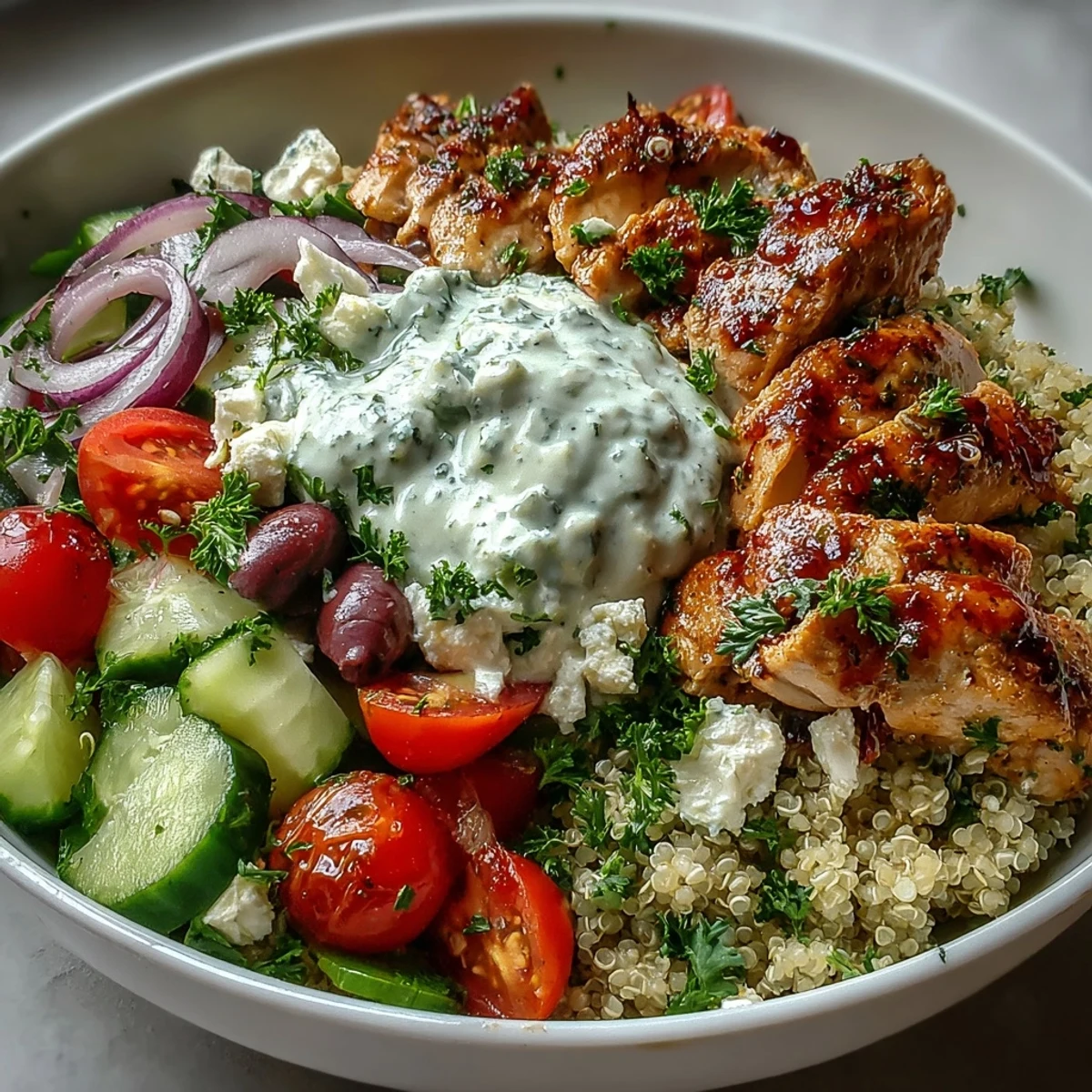 Spoonfuls of cool tzatziki over warm quinoa and tender marinated chicken, with crisp veggies in a bright Mediterranean-style bowl.