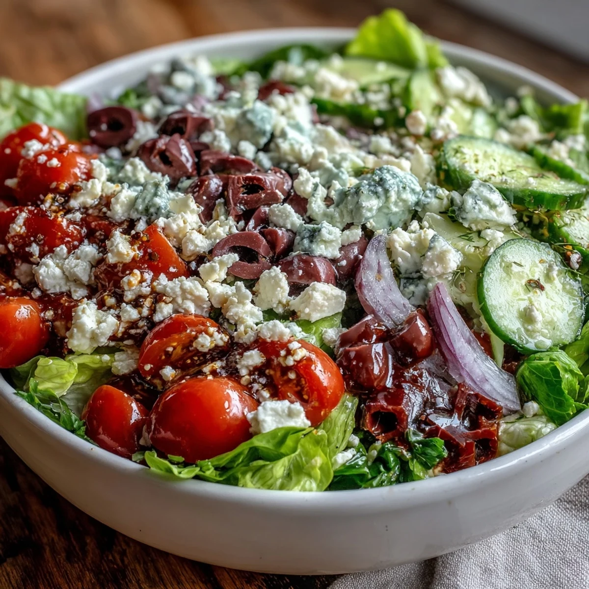 Colorful Greek Salad Bowl featuring crunchy cucumbers, tangy red onion, and feta, ready to serve with a classic vinaigrette.