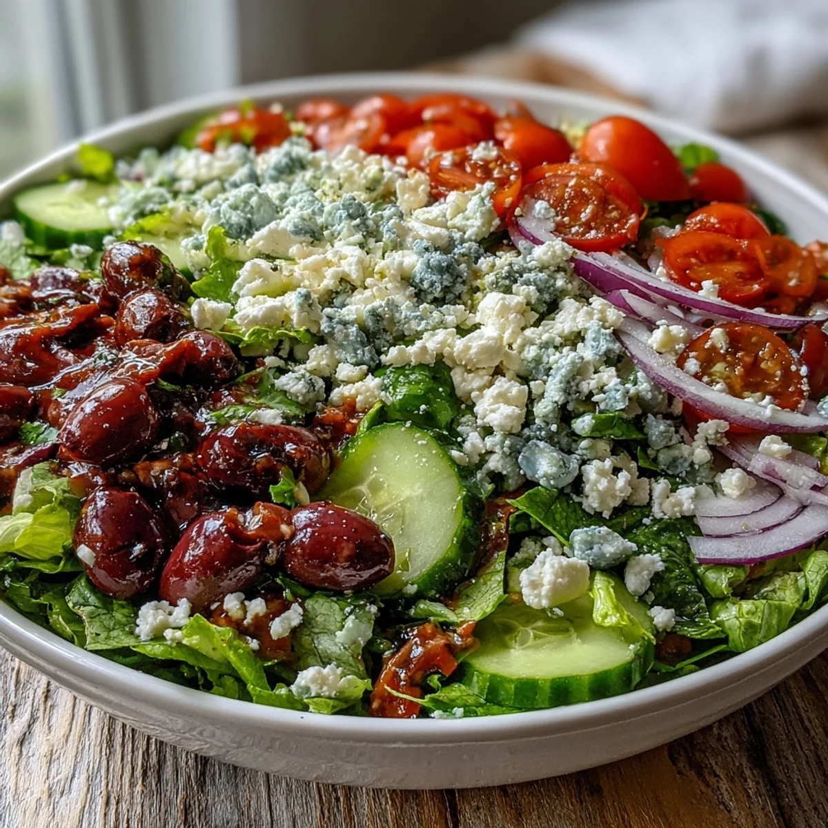 Healthy Greek Salad Bowl with vibrant vegetables, pitted olives, and crumbled feta, tossed in a zesty homemade Greek dressing.