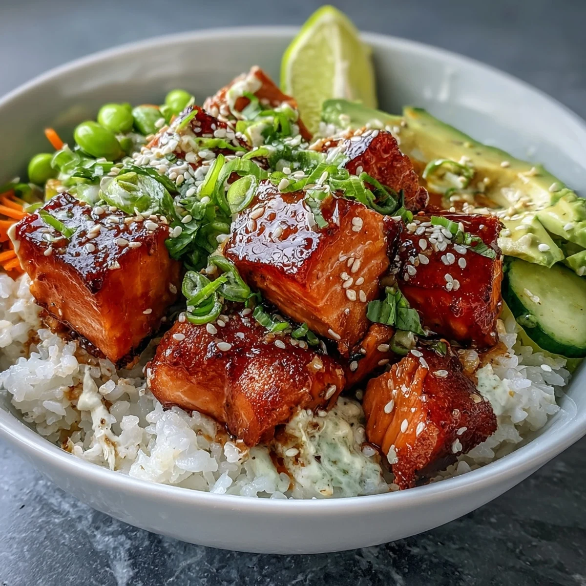 Golden-brown broiled salmon cubes sit atop fluffy jasmine rice, garnished with crisp cucumber, avocado slices, and shredded carrots in a vibrant bowl.