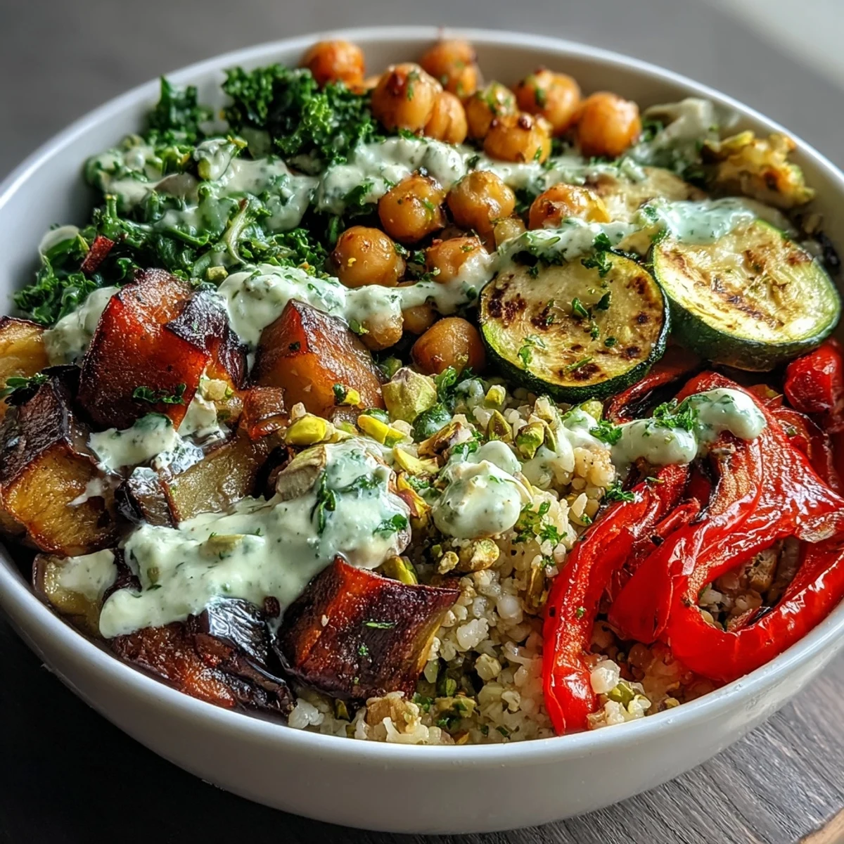 Healthy Mediterranean Buddha Bowl Meal Prep with fluffy bulgur, roasted eggplant, and kale, drizzled with lemony tahini sauce.