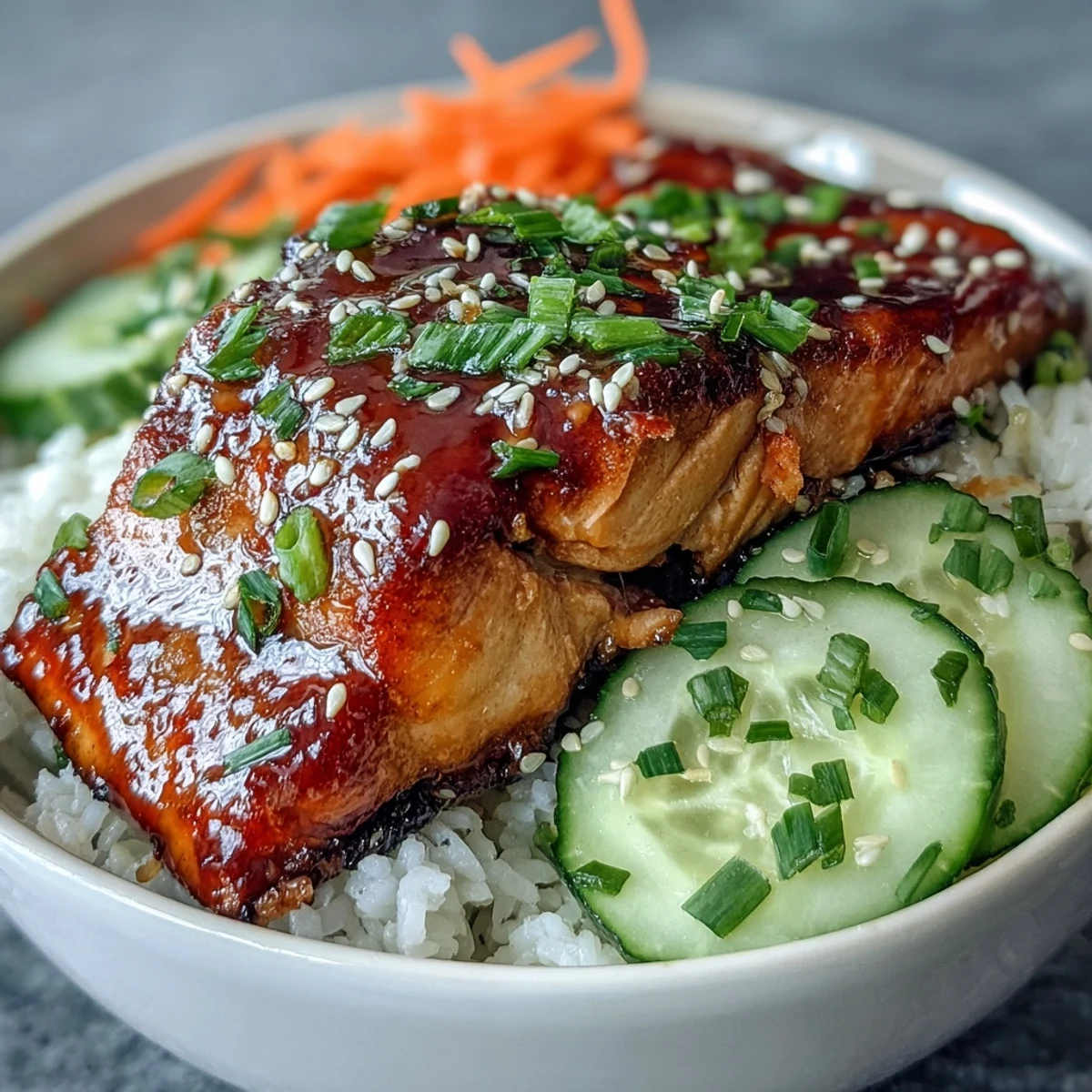 Freshly prepared Asian-Inspired Salmon Bowl topped with julienned cucumbers and scallions, ideal for a healthy weeknight dinner.