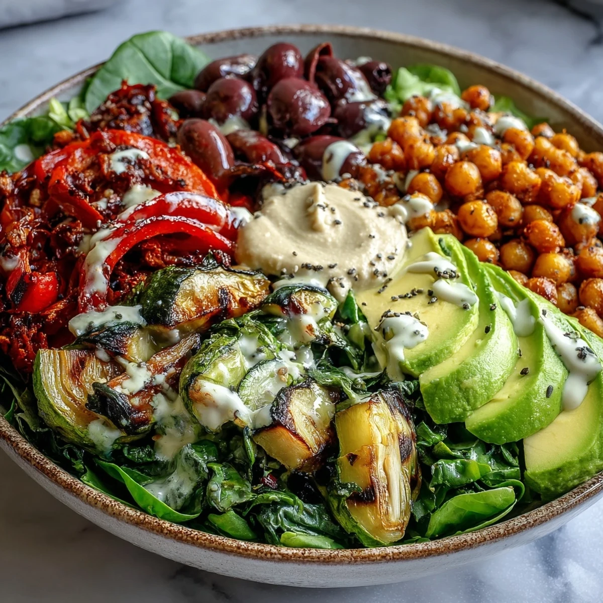 A close-up of a vibrant Vegan Mediterranean Buddha Bowl with roasted vegetables and creamy hummus on a bed of greens.
