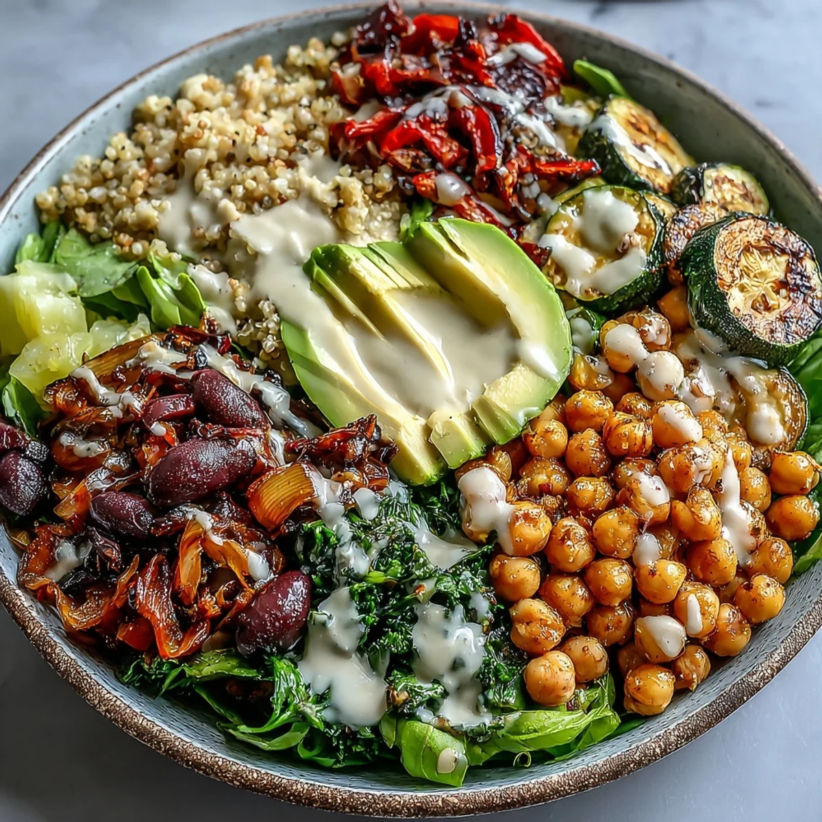 A colorful Vegan Mediterranean Buddha Bowl topped with chickpeas, avocado, olives, and a drizzle of zesty tahini dressing.