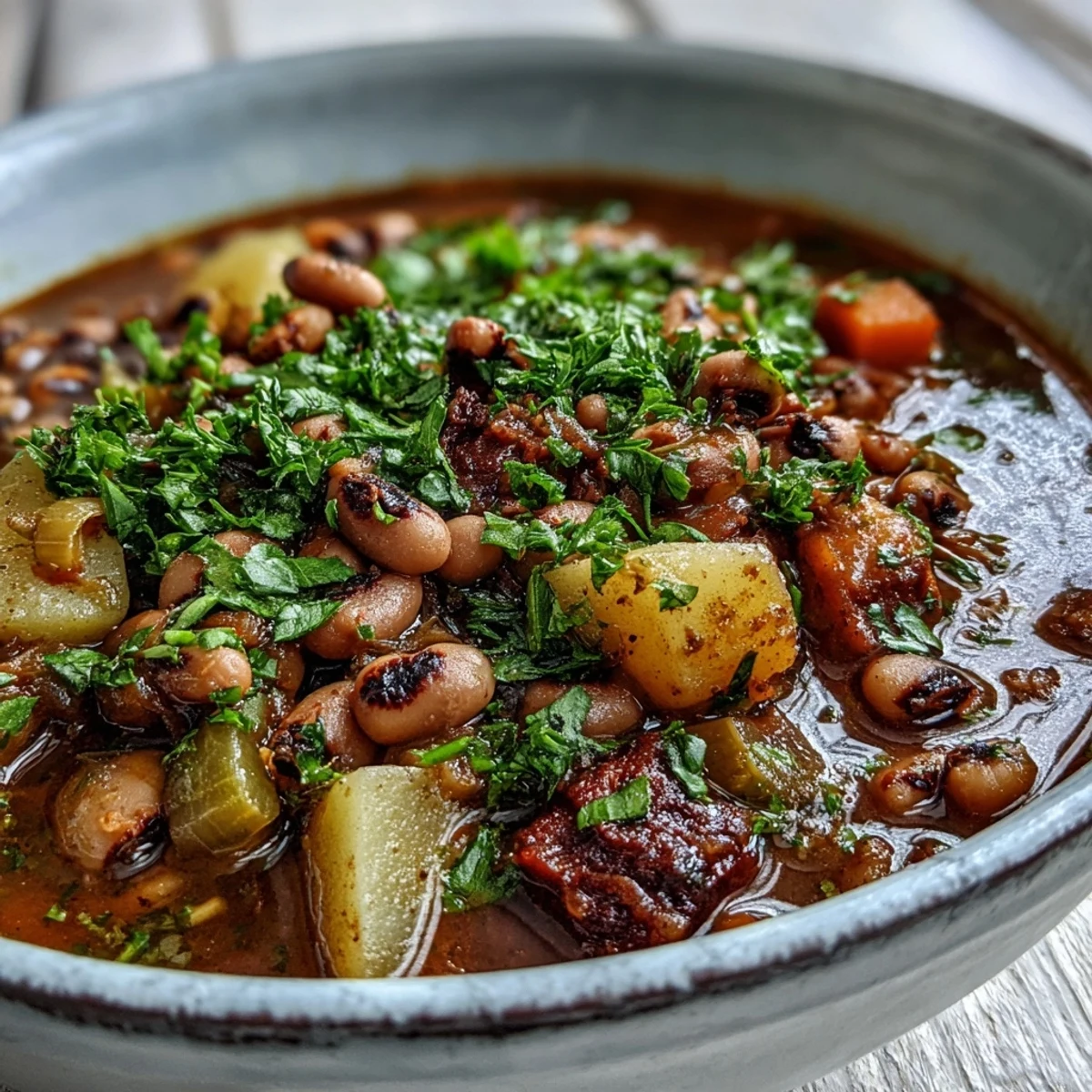 Close-up of a ladle serving Black-Eyed Pea Stew with Chefs Touch, showcasing the rich, comforting texture.