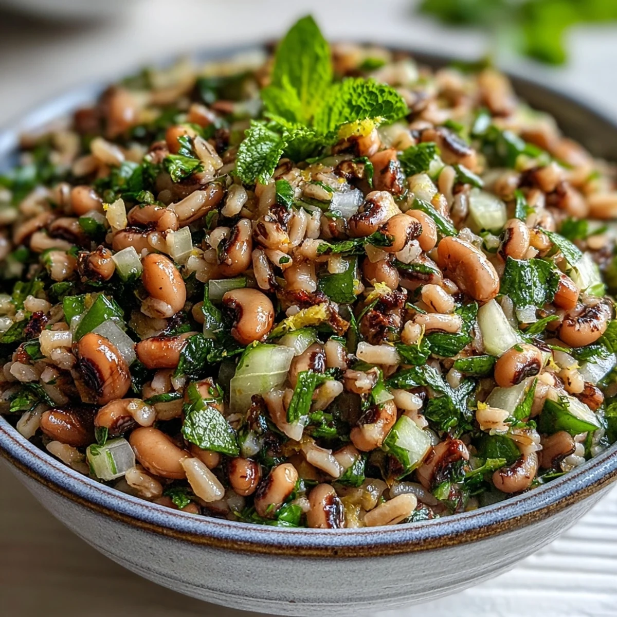 A vibrant bowl of Southern Black Eyed Pea Salad with fresh mint and diced red onion, ready to serve.