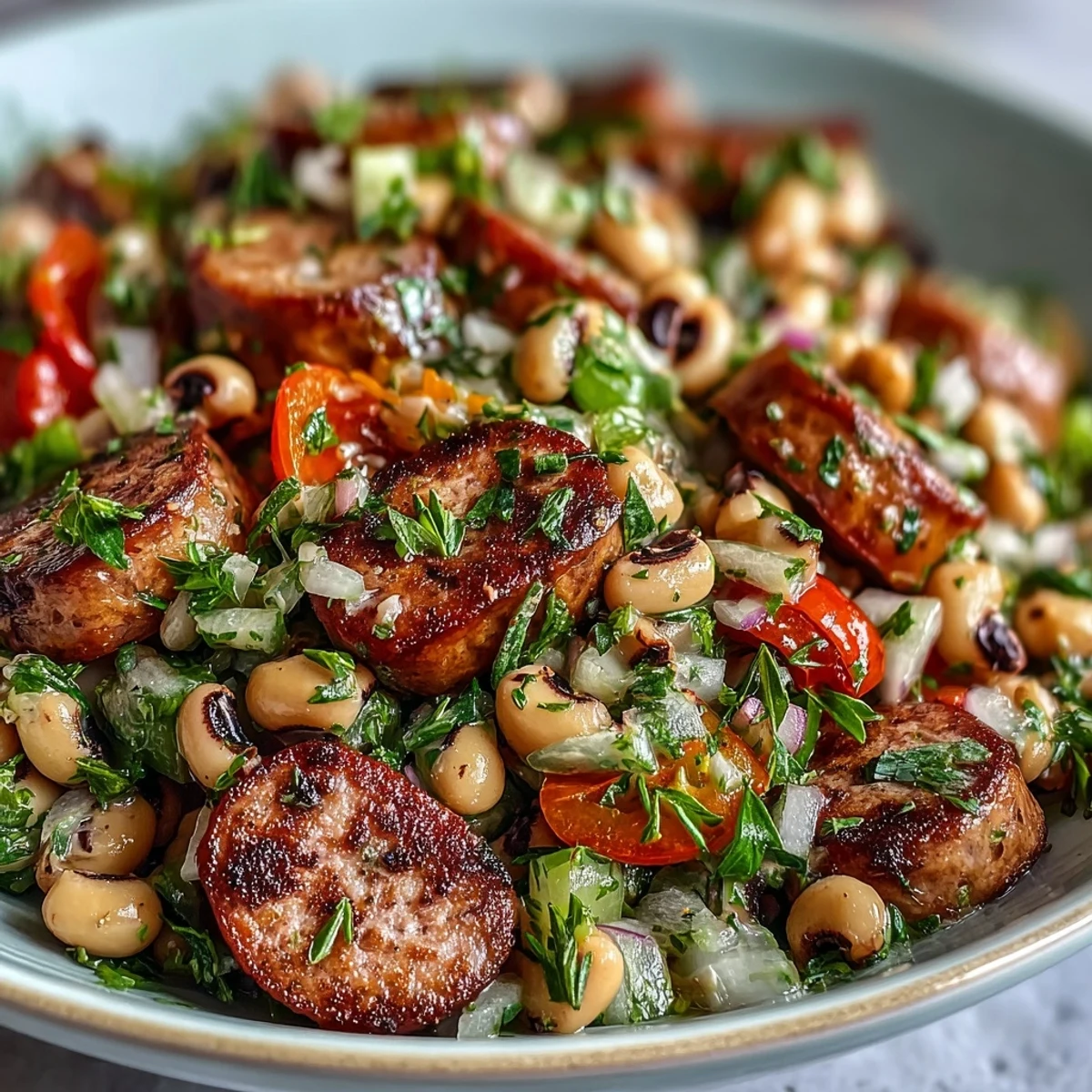 Plated Hoppin John Style Black-Eyed Pea Salad with turkey sausage, cherry tomatoes, and mustard dressing on a bed of greens.