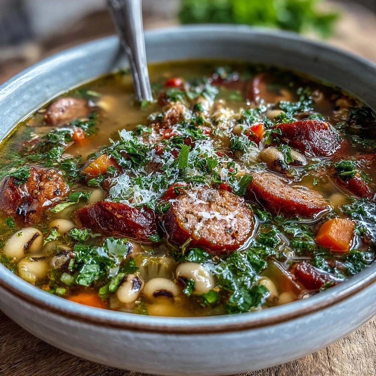 A hearty bowl of Black-Eyed Peas and Sausage Soup featuring savory Italian sausage and tender vegetables.