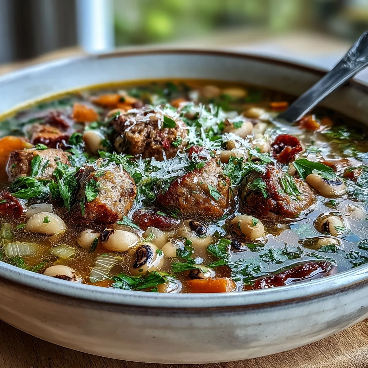 Spoon lifting a serving of Black-Eyed Peas and Sausage Soup, revealing a rich tomato and bean broth.