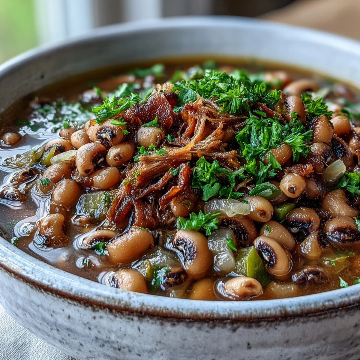 Classic New Years Black-Eyed Peas simmering in a pot with smoked pork neck bones, aromatic vegetables, and Creole spices for a lucky Southern meal.