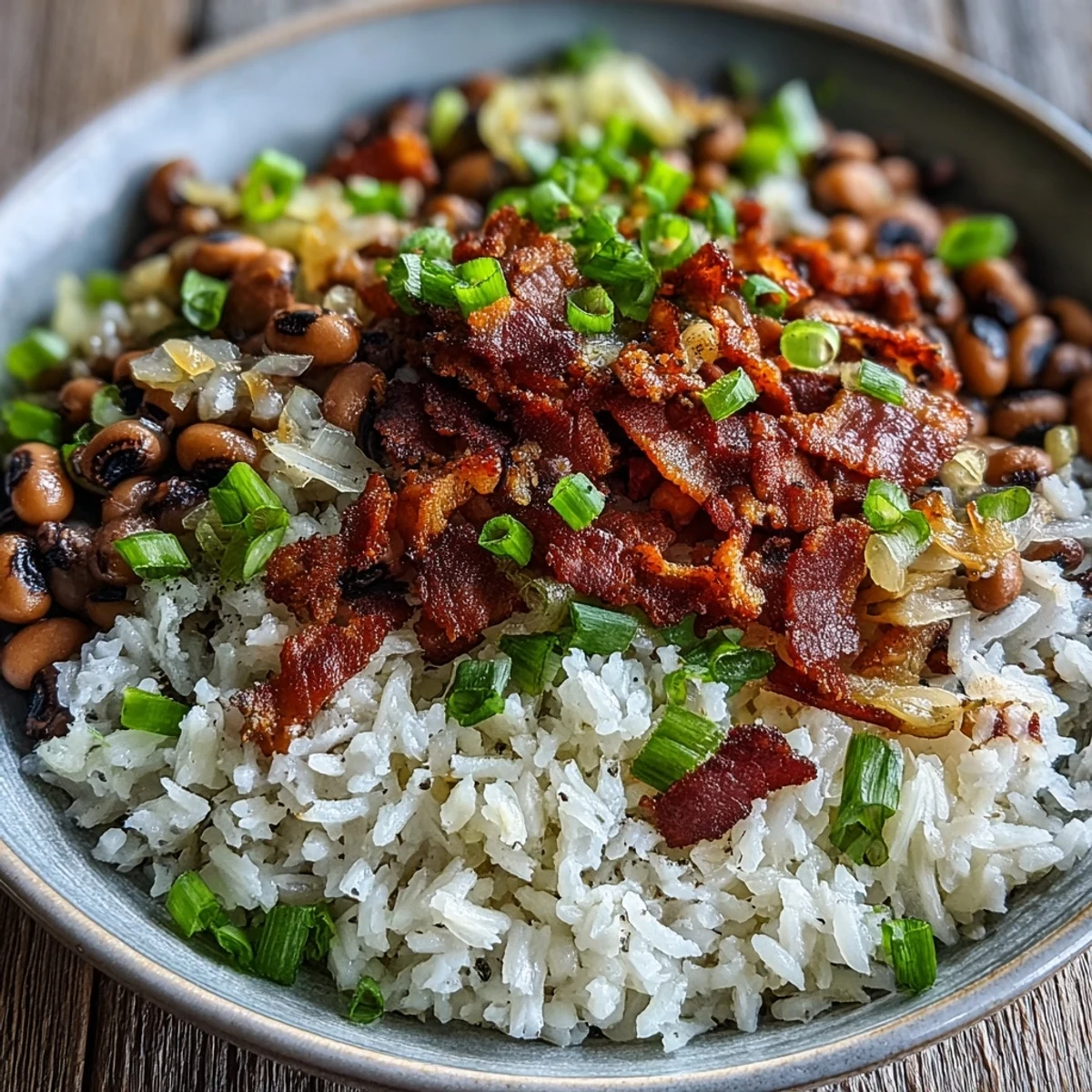 Steaming bowl of classic Hoppin John served over fluffy white rice with crispy bacon and fresh scallions.