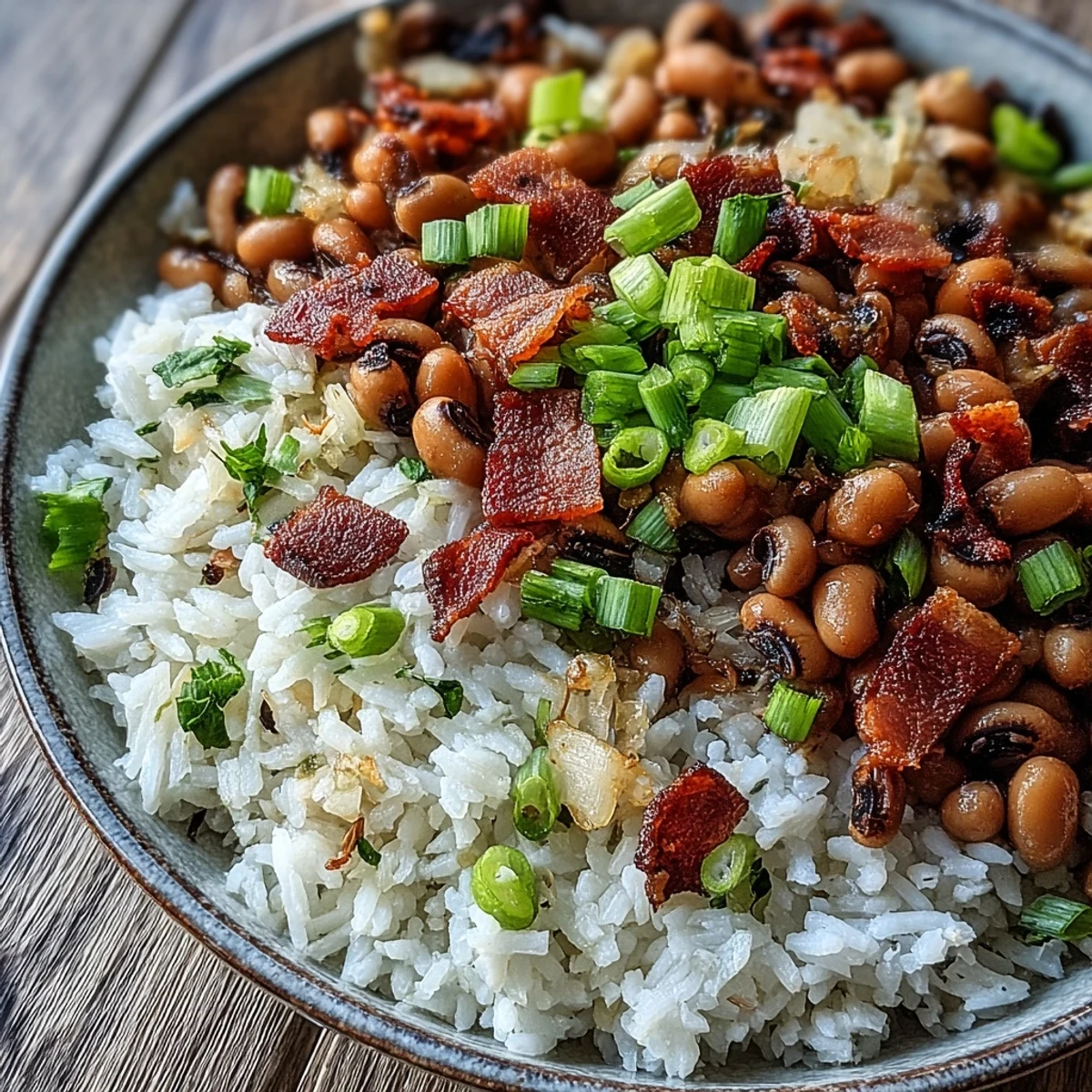 Comforting Hoppin John with tender black-eyed peas and fluffy rice, garnished with crispy bacon and sliced green onions.