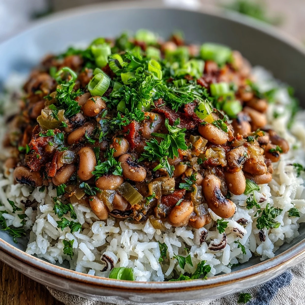 Closely-up photo of Vegetarian Hoppin John featuring tender black-eyed peas simmered in a savory broth with onions, peppers, and smoked paprika.