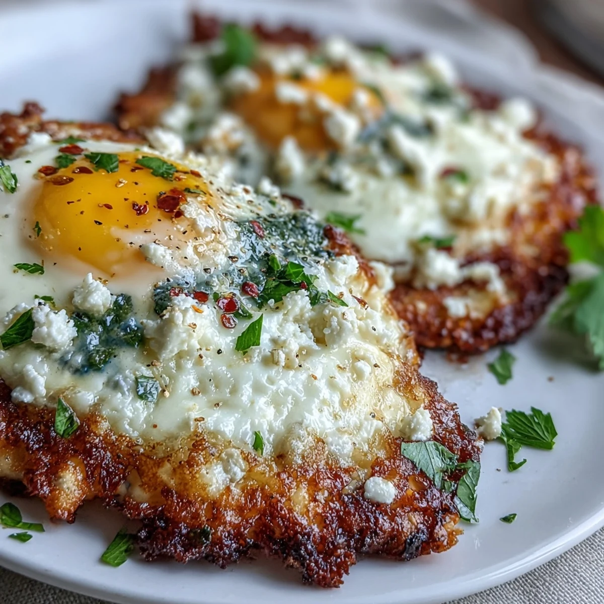 Golden, crispy feta nests cradle perfectly cooked, runny-yolked Crispy Feta Fried Eggs in a hot skillet.