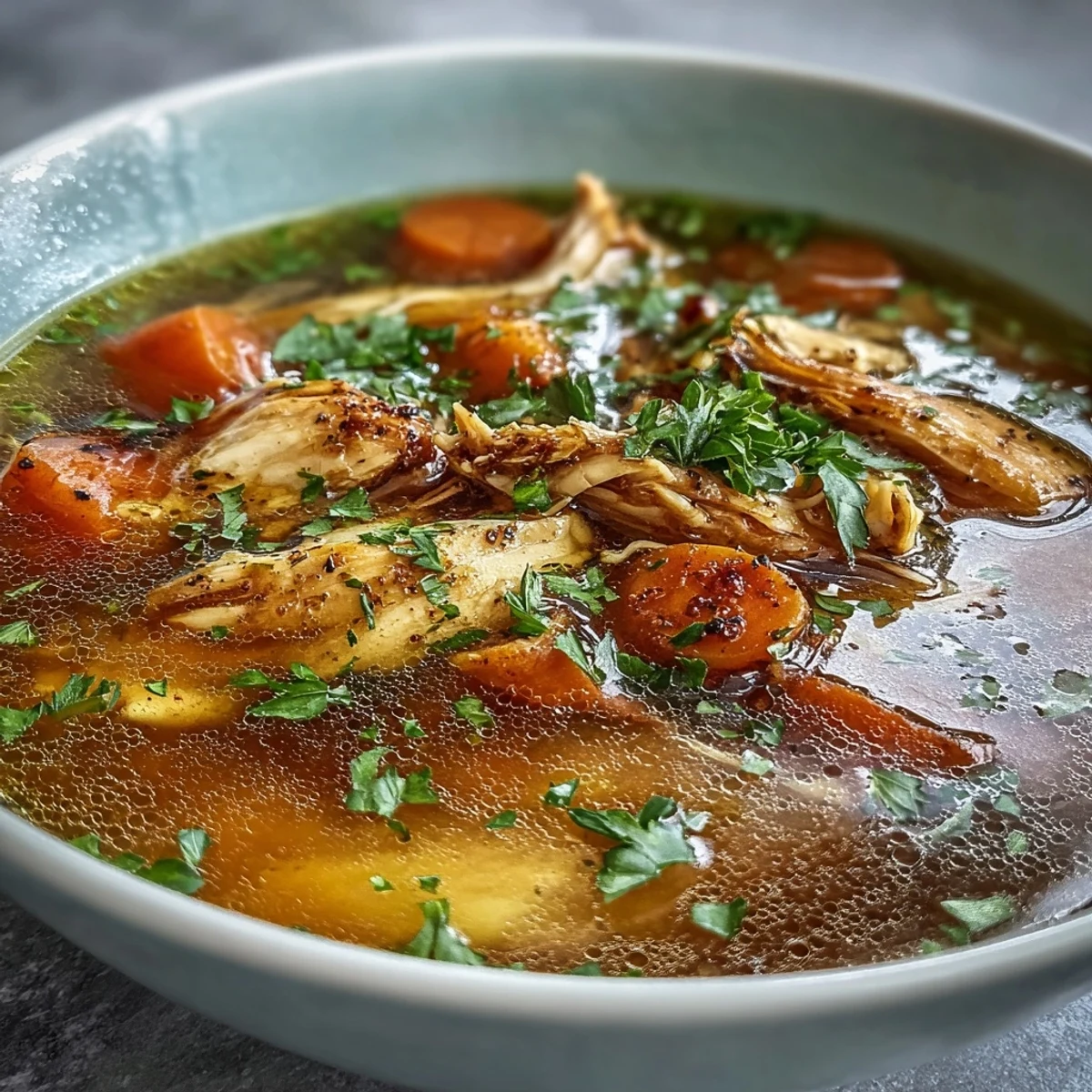 Golden Anti-Inflammatory Turmeric Chicken Soup steaming in a bowl with fresh cilantro and lemon wedges.