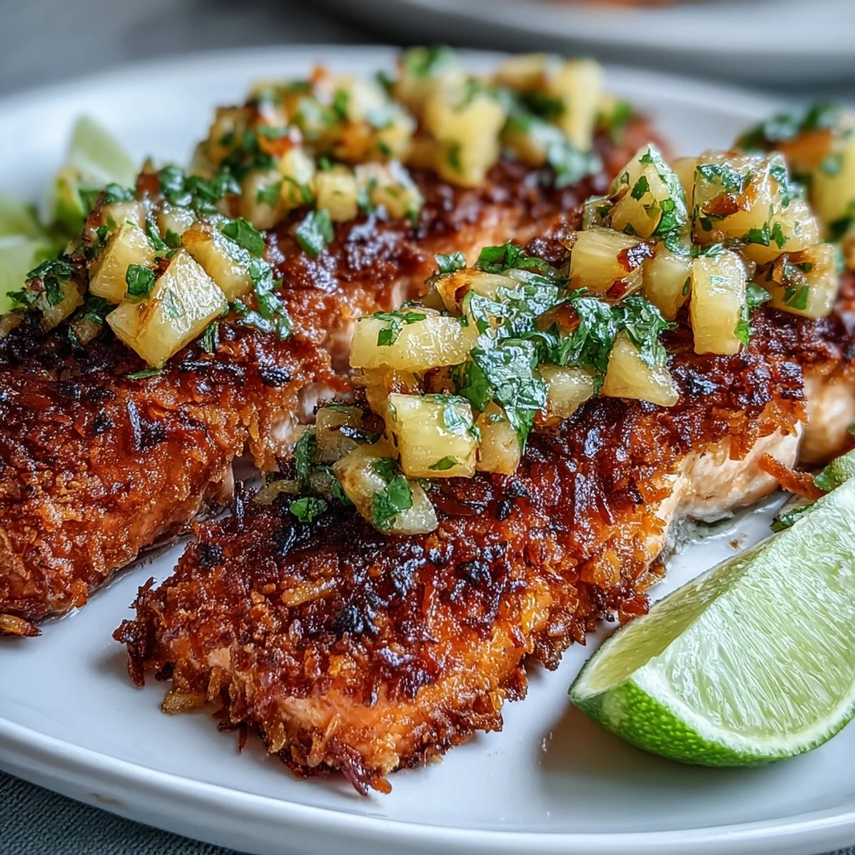 Crispy coconut crusted salmon fillets topped with vibrant pineapple salsa on a white plate. 
