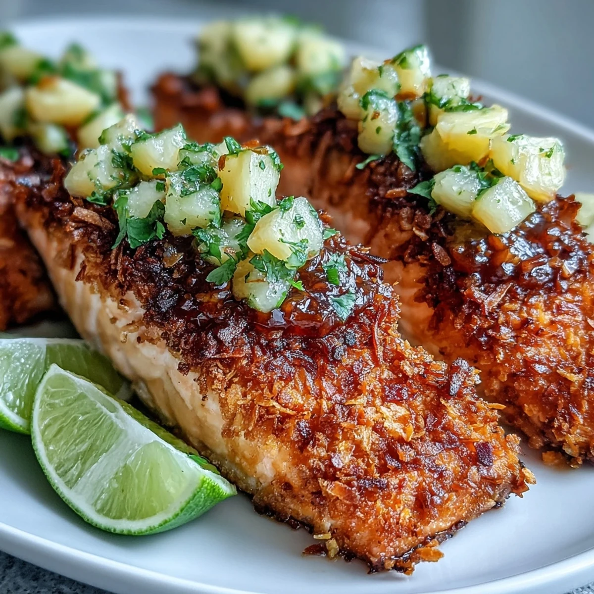 Close-up of coconut crusted salmon and pineapple salsa with fresh cilantro garnish.