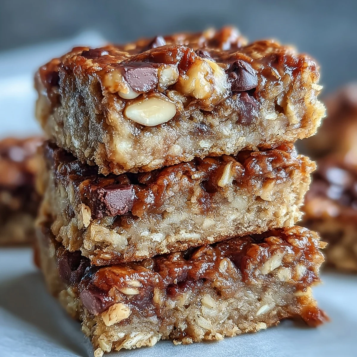 Healthy banana baked oatmeal bars stacked on a marble countertop, perfect for breakfast meal prep.