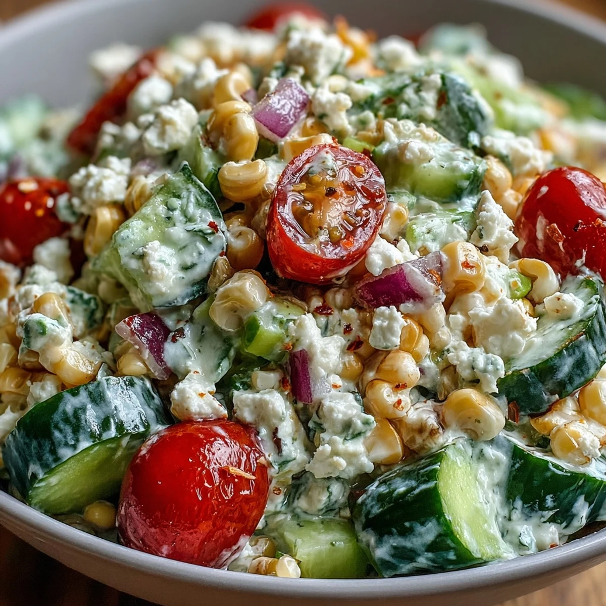 Crisp diced cucumbers and sweet Street Corn Creamy Cucumber Salad topped with crumbled feta and fresh cilantro.