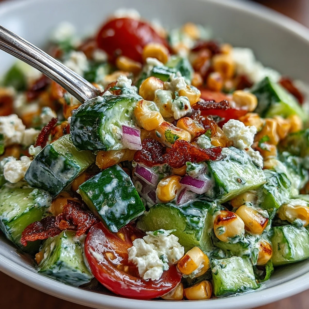 Serving suggestion of Street Corn Creamy Cucumber Salad with red onion and creamy dressing, ready to eat.