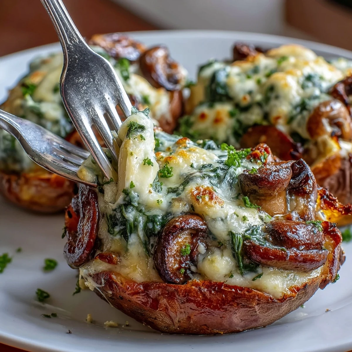 Golden roasted sweet potatoes filled with creamy spinach, mushrooms, and bubbling mozzarella cheese, served hot.