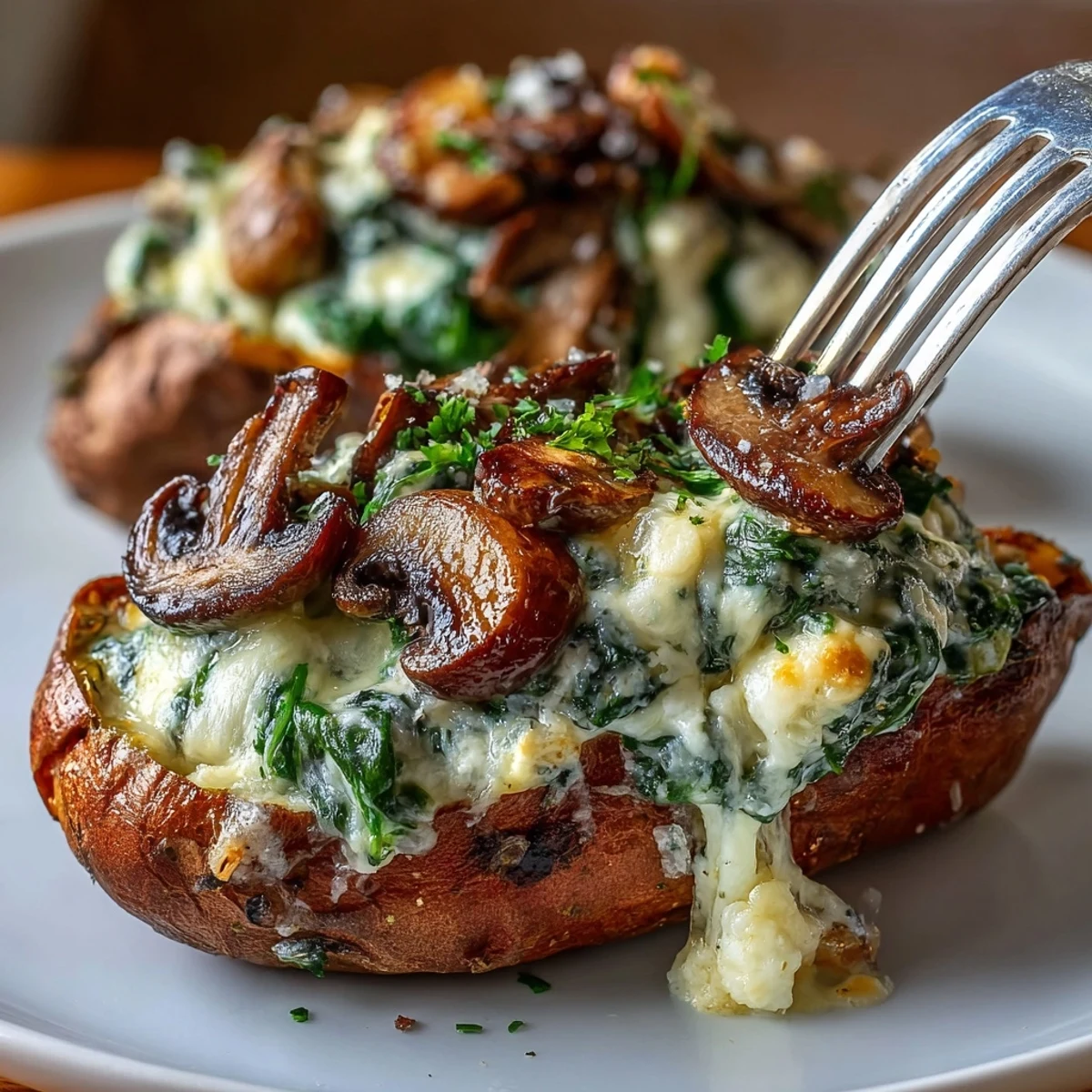 Fork holding a bite of Creamy Mushroom and Spinach Stuffed Sweet Potatoes, highlighting the savory filling.