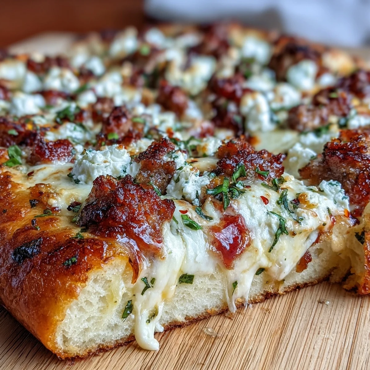 Hot Sausage Feta Honey Pizza fresh from the oven with golden, crisp edges and bubbling mozzarella.