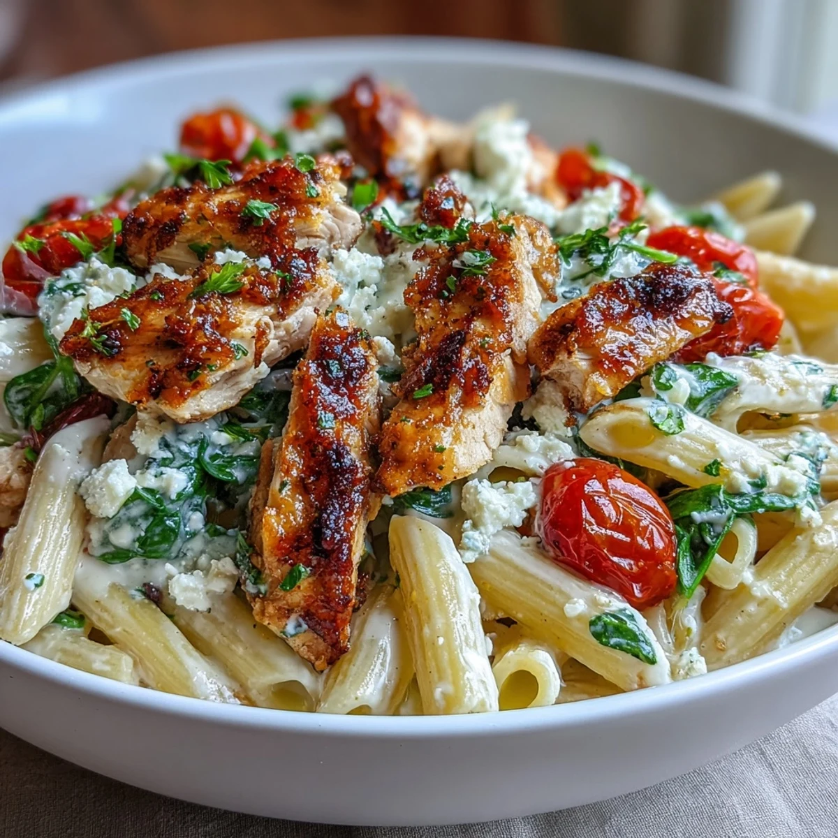 A close-up of Roasted Garlic & Feta Chicken Pasta, featuring penne coated in a creamy white sauce with tender chicken and wilted spinach.