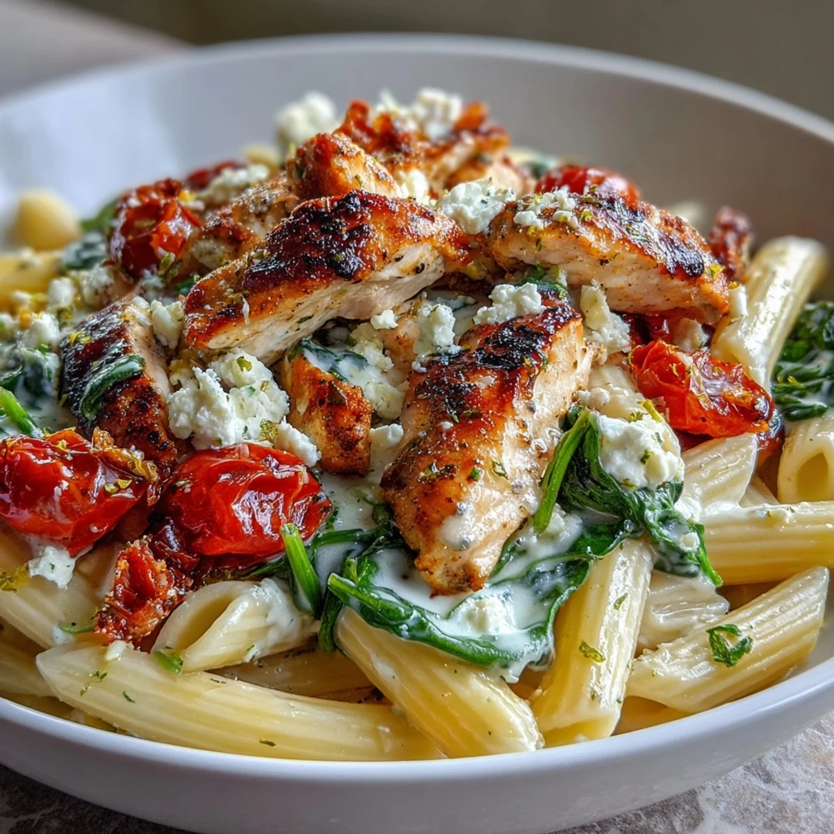 Freshly baked Roasted Garlic & Feta Chicken Pasta topped with crumbled feta cheese, parsley, and halved cherry tomatoes on a ceramic plate.