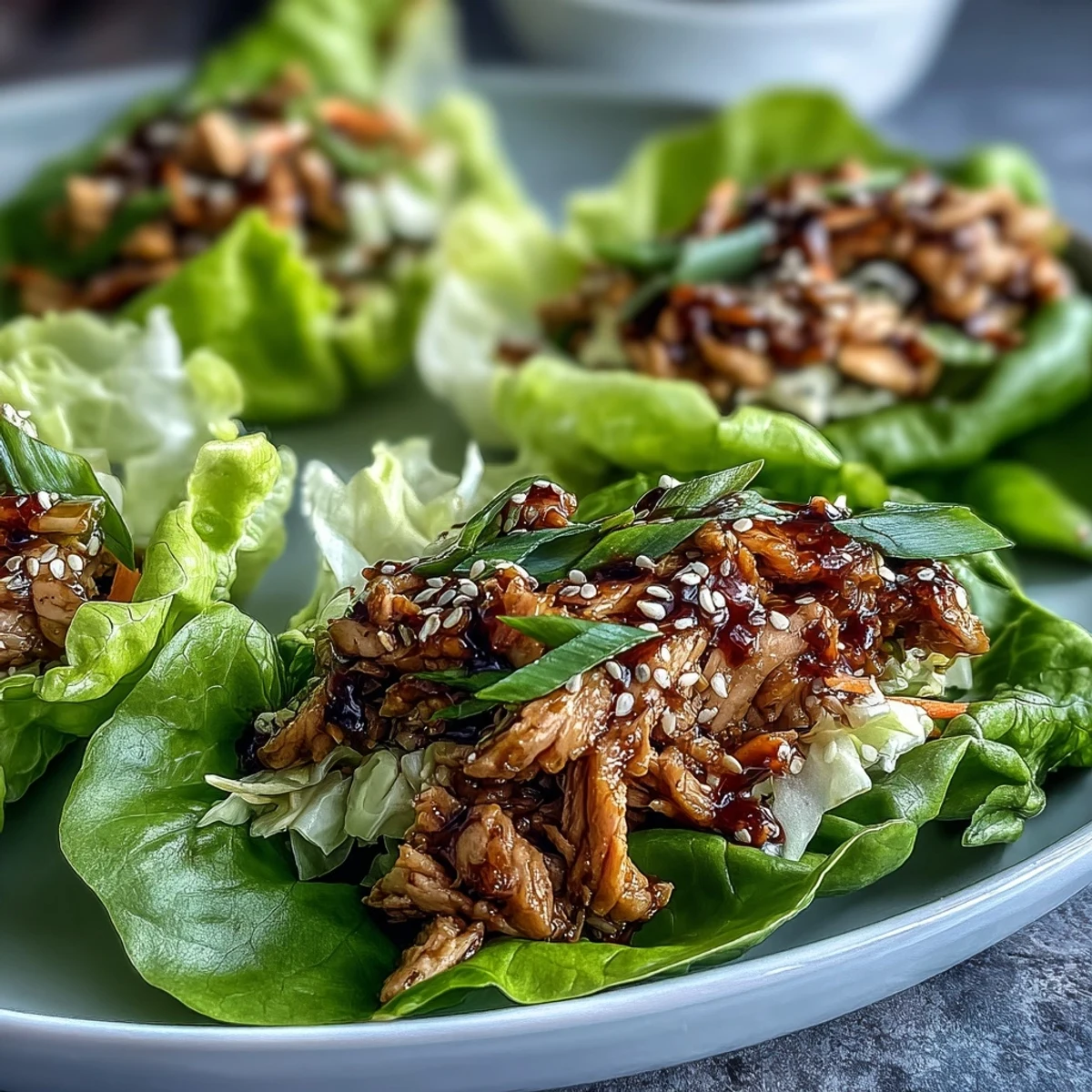 Potsticker-Inspired Chicken Lettuce Boats filled with savory ground chicken and crisp veggies, drizzled with a punchy sauce.