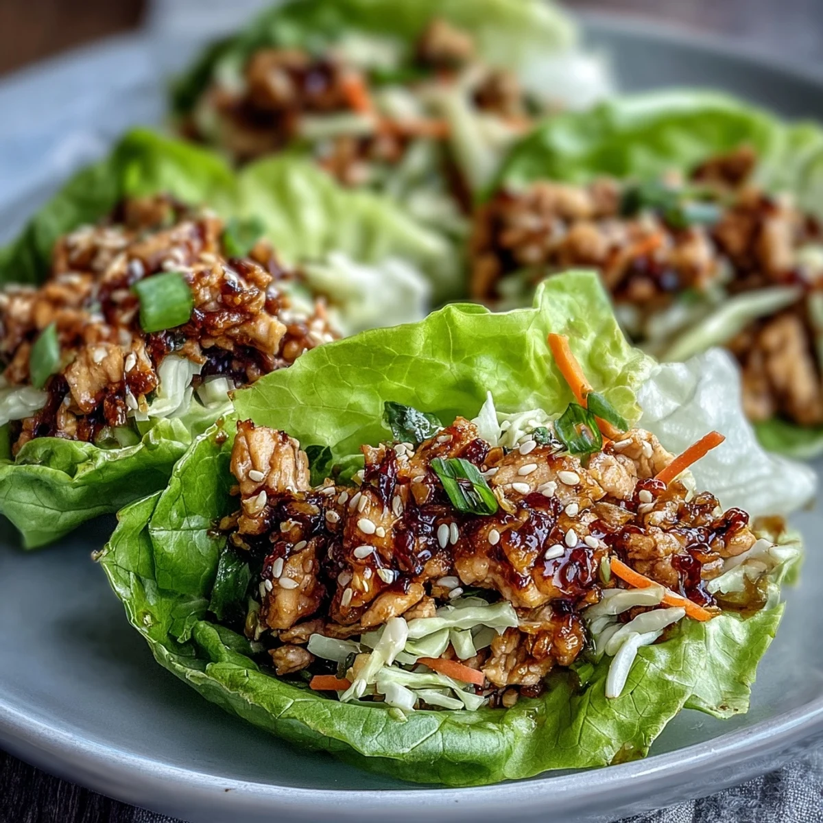 Fresh, low-carb Potsticker-Inspired Chicken Lettuce Boats arranged on a platter with a drizzle of honey-chili dipping sauce.