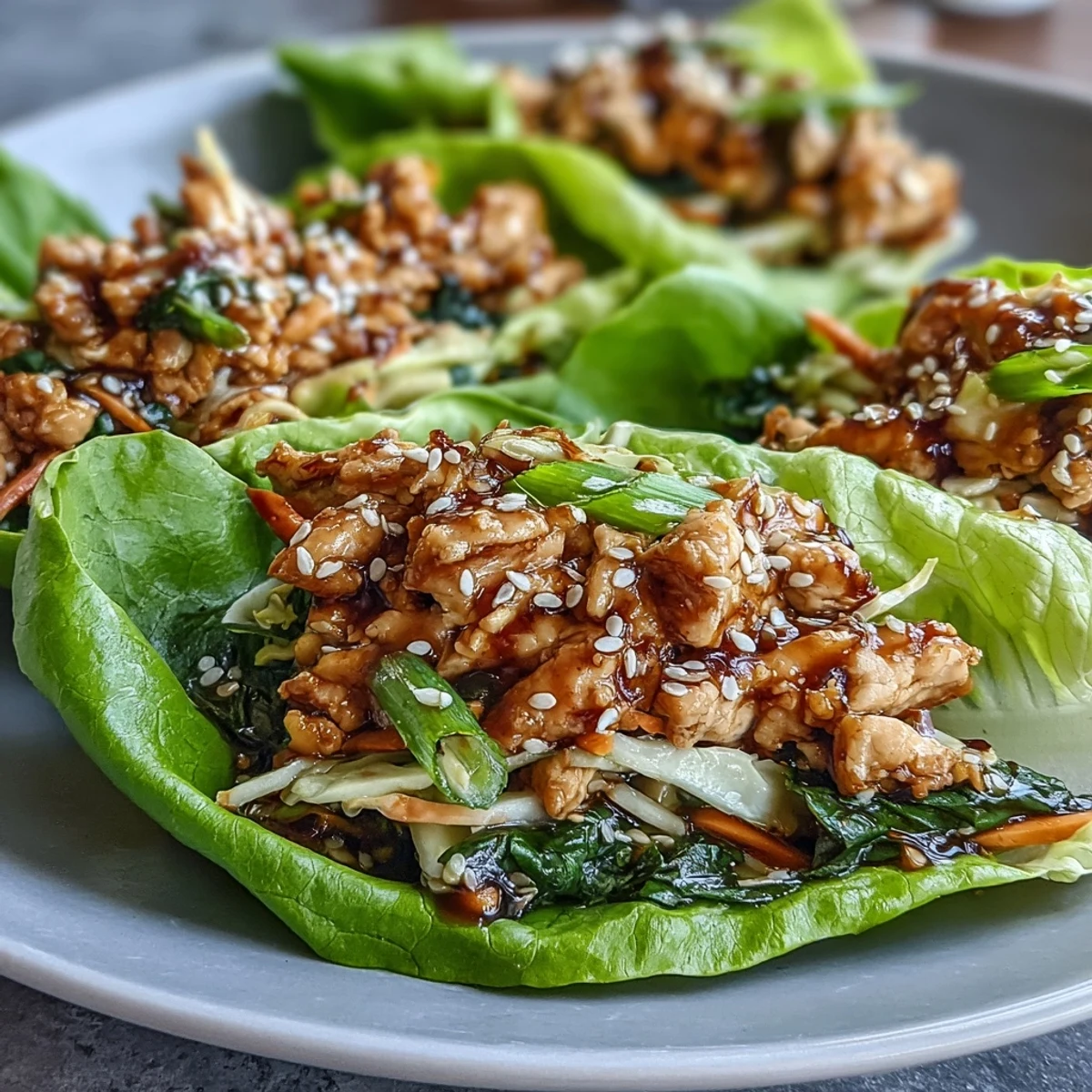 Juicy Potsticker-Inspired Chicken Lettuce Boats garnished with sesame seeds, served alongside a small bowl of tangy dipping sauce.