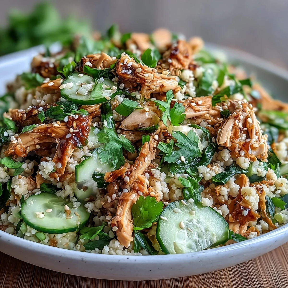 Served chilled on a white plate, the Asian Sesame Chicken Couscous Salad is garnished with toasted sesame seeds and fresh cilantro for a pop of color.