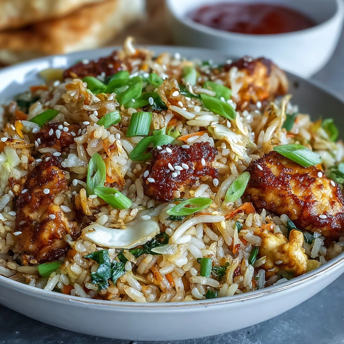 Crispy Chicken Fried Rice with Egg Roll Flavors served in a white bowl, garnished with green onions and sesame seeds.