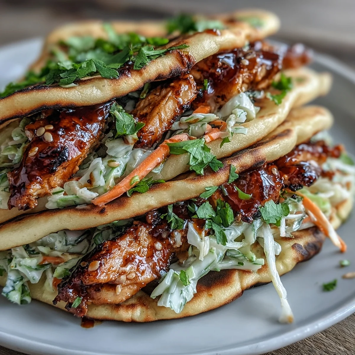 Golden Honey Garlic Naan Chicken Tacos filled with glazed chicken and crunchy slaw.