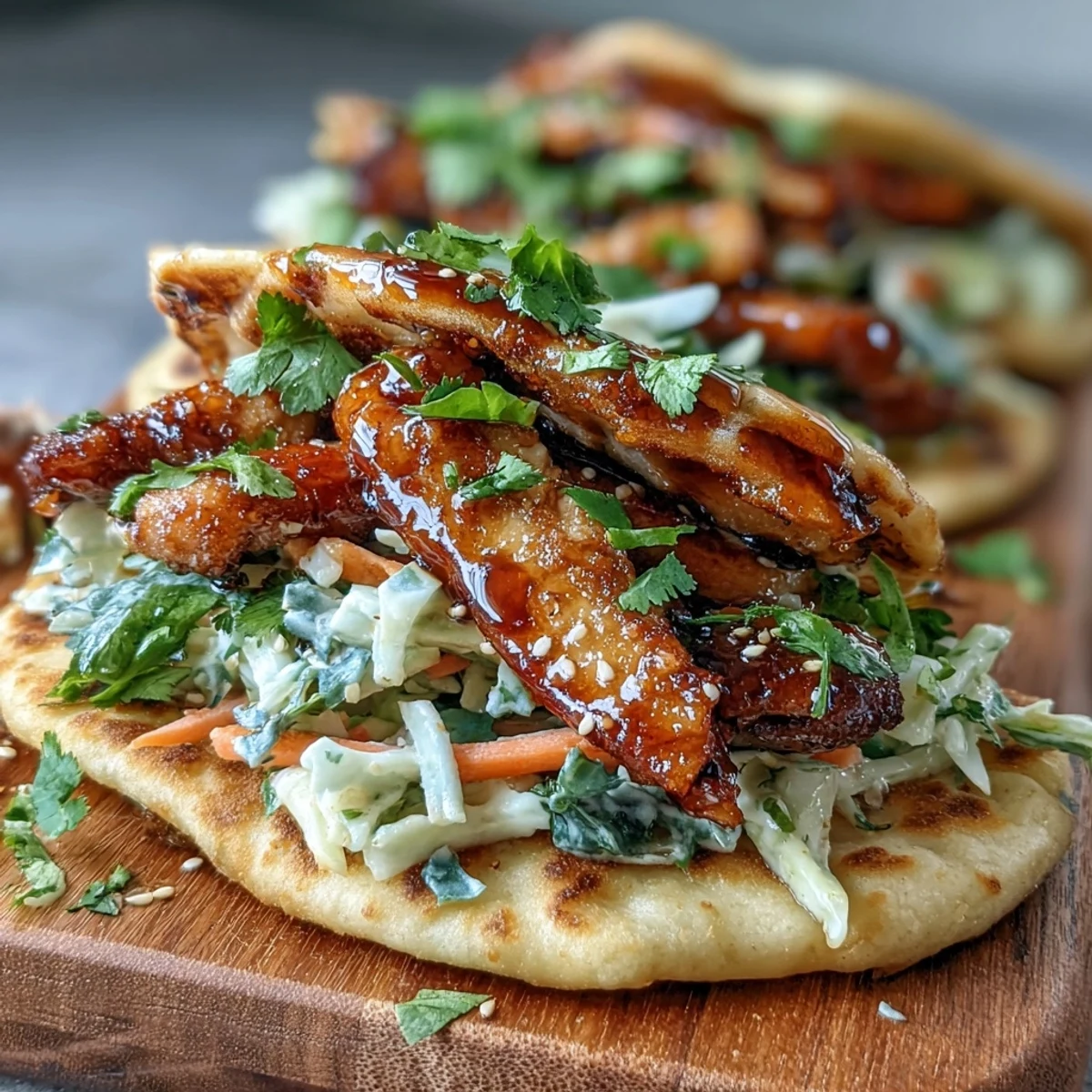 Honey Garlic Naan Chicken Tacos ready to serve with fresh lime wedges.