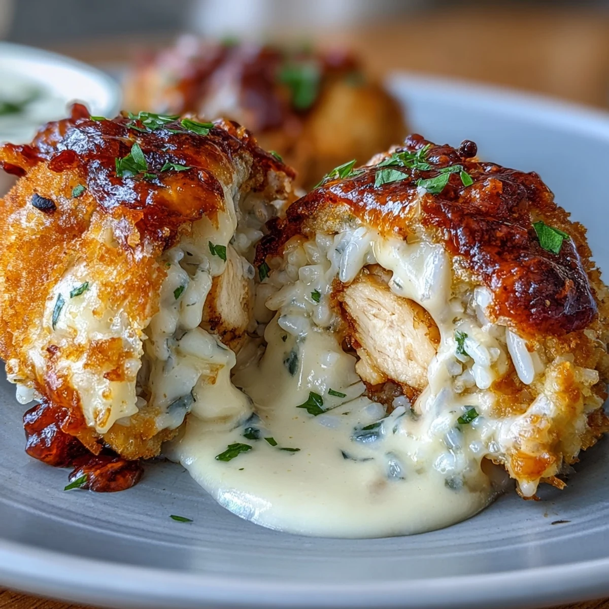 Golden-baked Garlic Parmesan Chicken Stuffed Peppers topped with bubbly cheese and fresh parsley garnish.