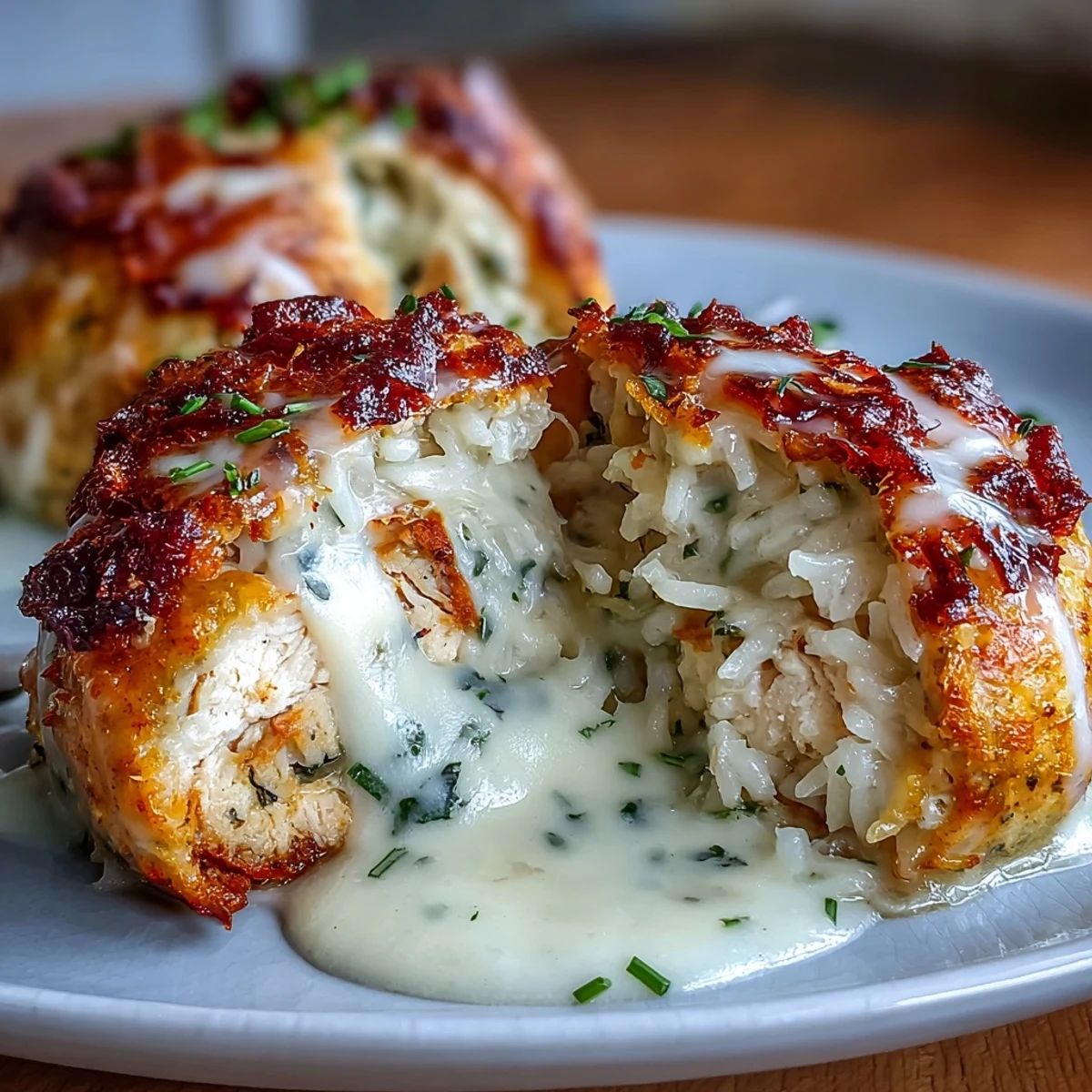 Creamy garlic chicken and rice filling spills from a vibrant red bell pepper on a rustic plate.