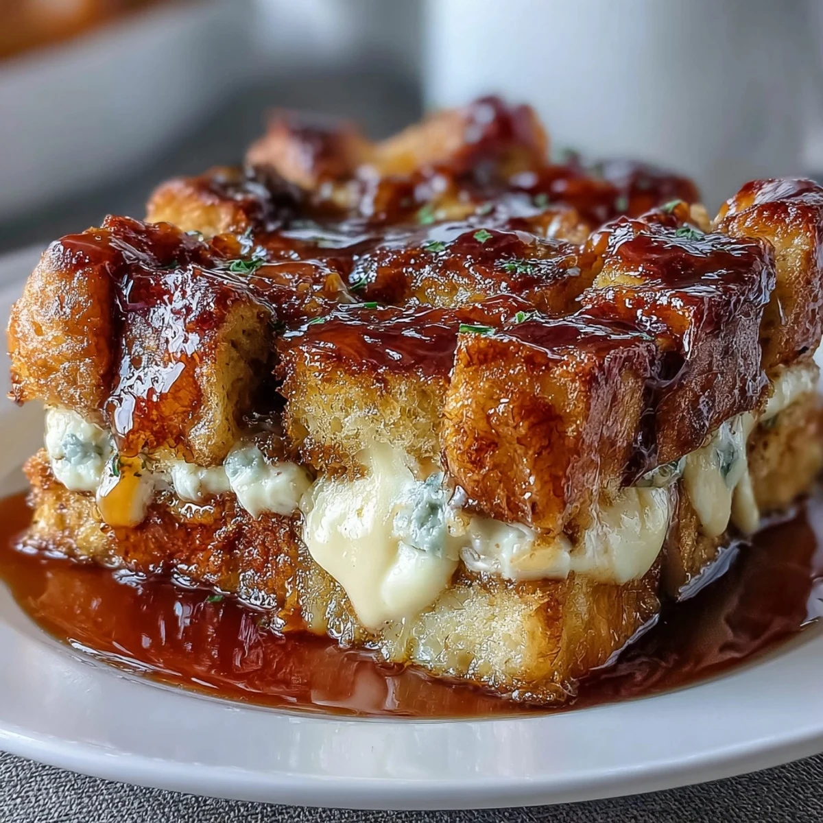 Warm slices of Caramel Cream Cheese French Toast Casserole served on white plates, perfect for a weekend brunch.