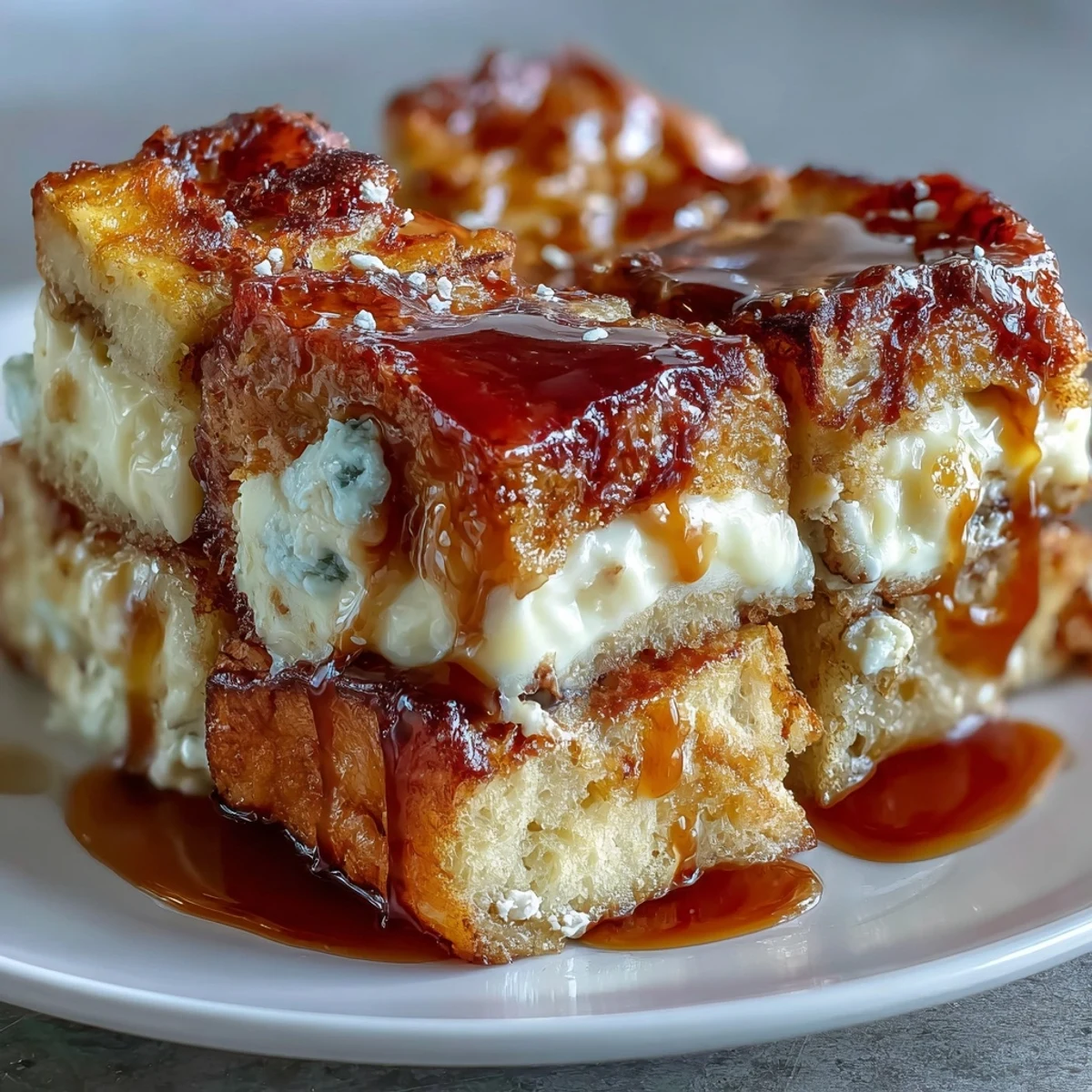 Decadent Caramel Cream Cheese French Toast Casserole on a rustic table, topped with fresh berries and sweet glaze.