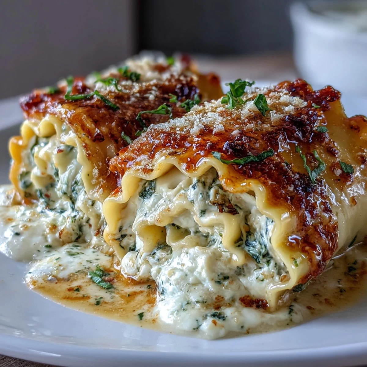 Golden-baked Garlic Butter Lasagna Roll-Ups filled with creamy ricotta and fresh spinach, drizzled with rich garlic butter sauce.