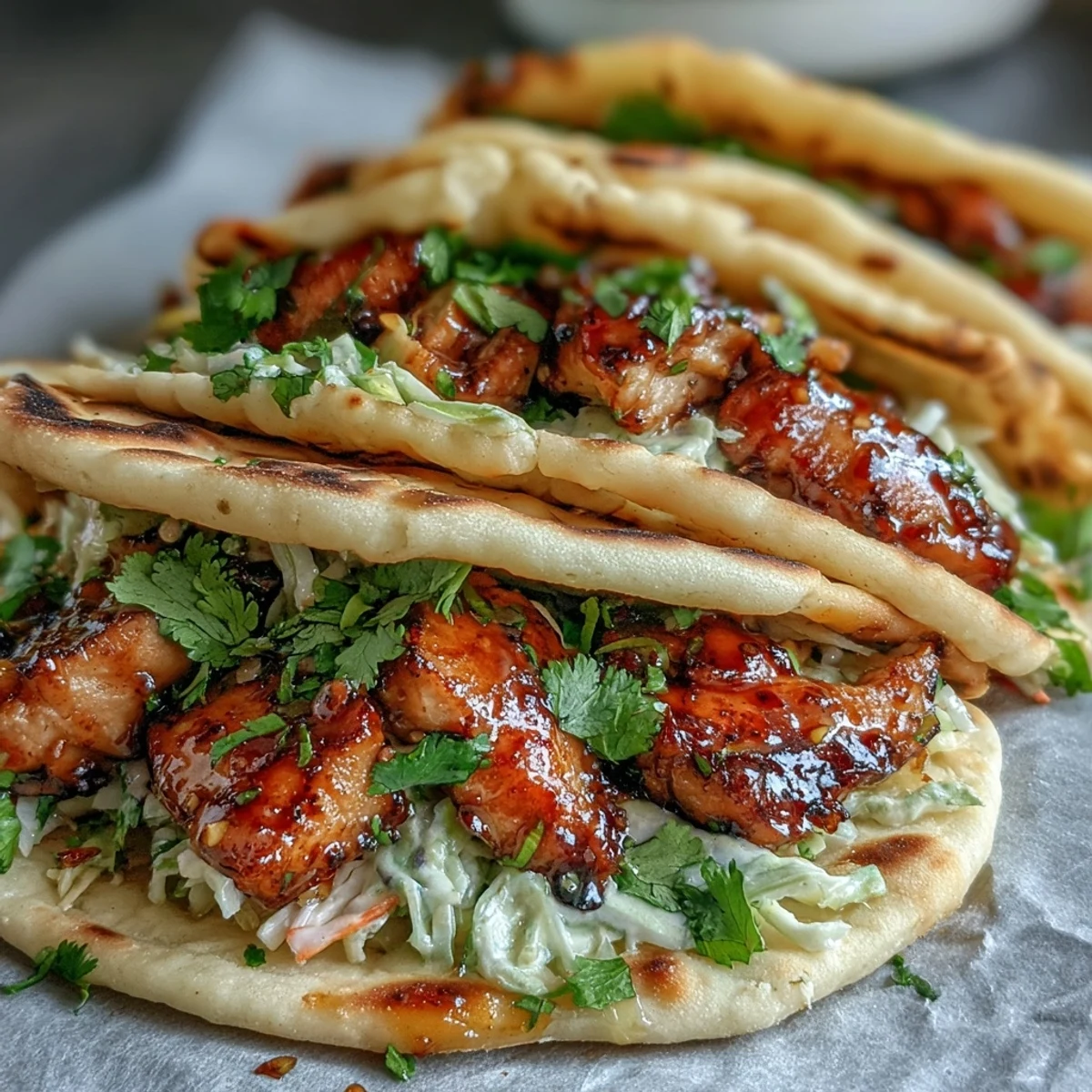 Golden Honey Garlic Naan Chicken Tacos garnished with fresh cilantro are served warm.