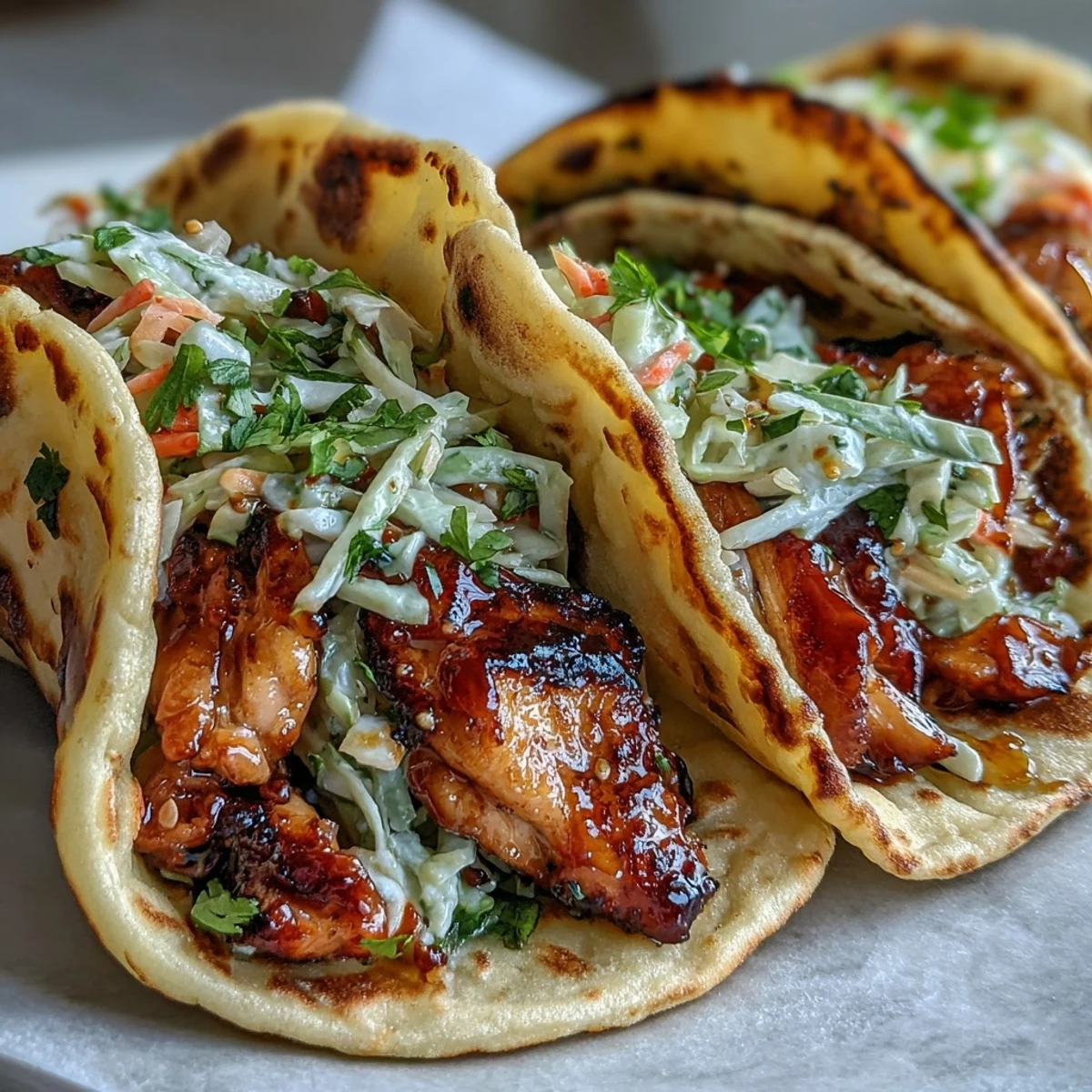 Tender honey garlic chicken rests inside soft garlic naan with crisp slaw.