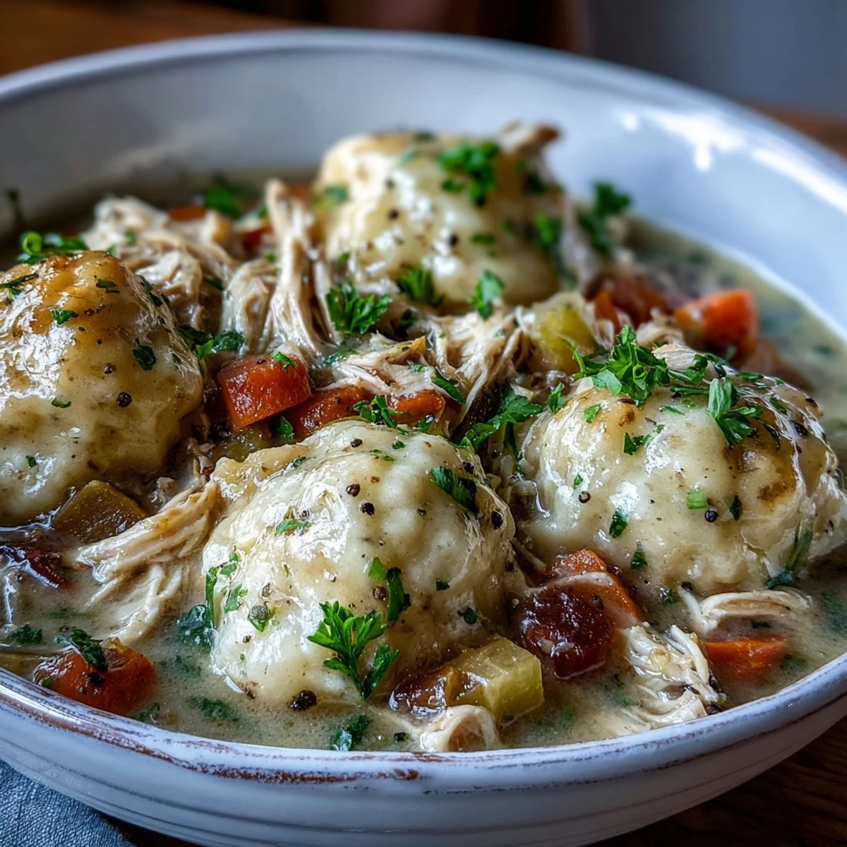 Slow Cooker Ranch Chicken & Dumplings stew in a pot, showing fluffy drop biscuits on top of a creamy chicken mixture with carrots and peas.