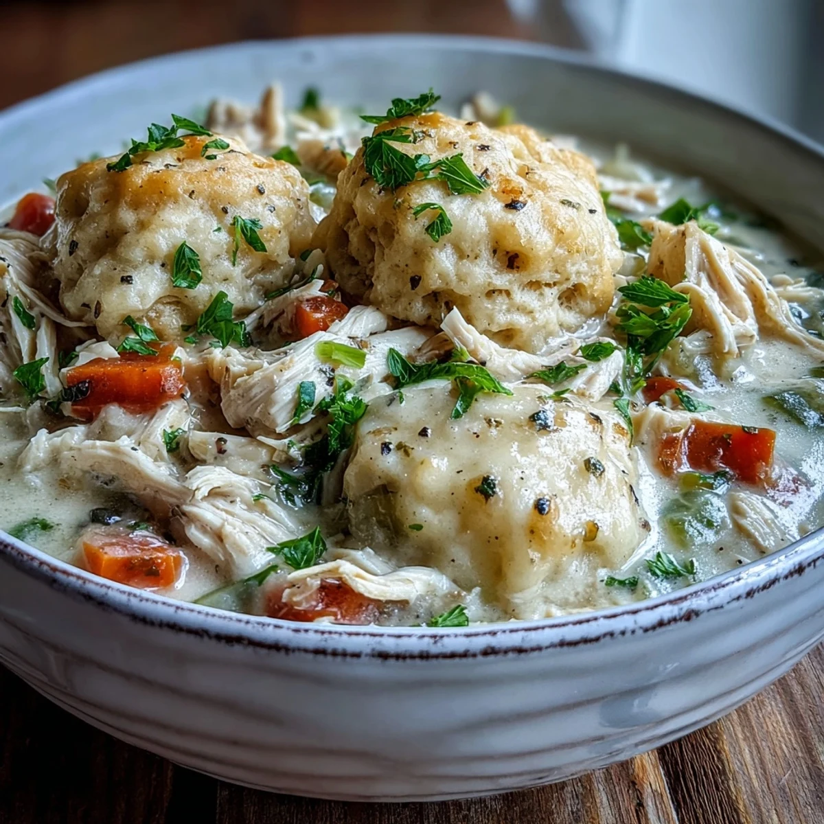 A close-up of tender chicken and vegetables in Slow Cooker Ranch Chicken & Dumplings, with a golden biscuit soaking up the creamy gravy.