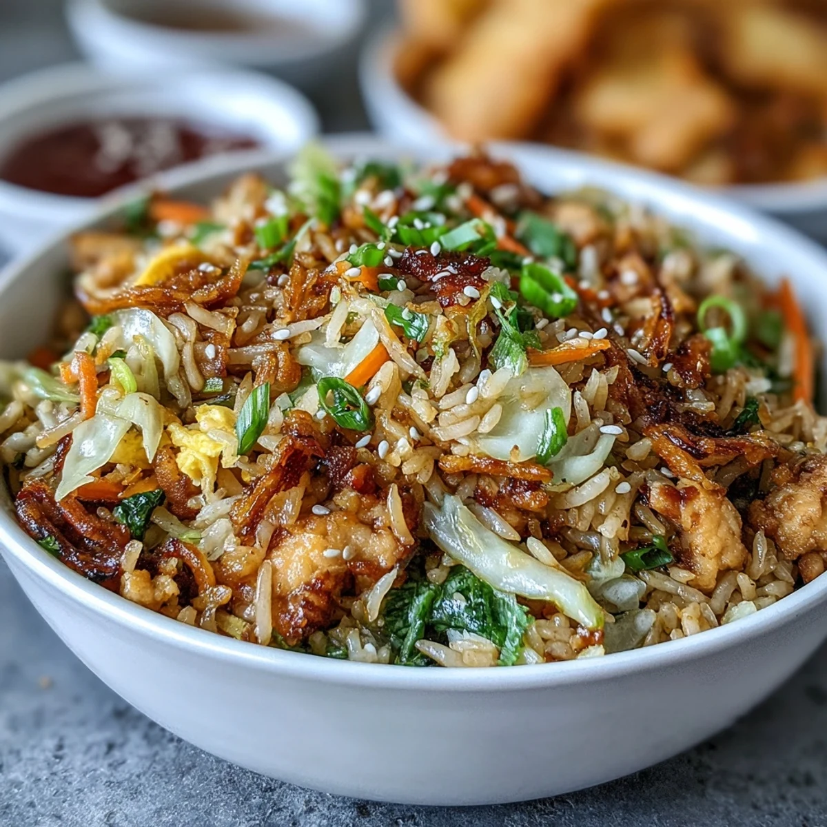 Crispy Chicken Fried Rice with Egg Roll Flavors served hot, topped with toasted sesame seeds and fresh green onions.
