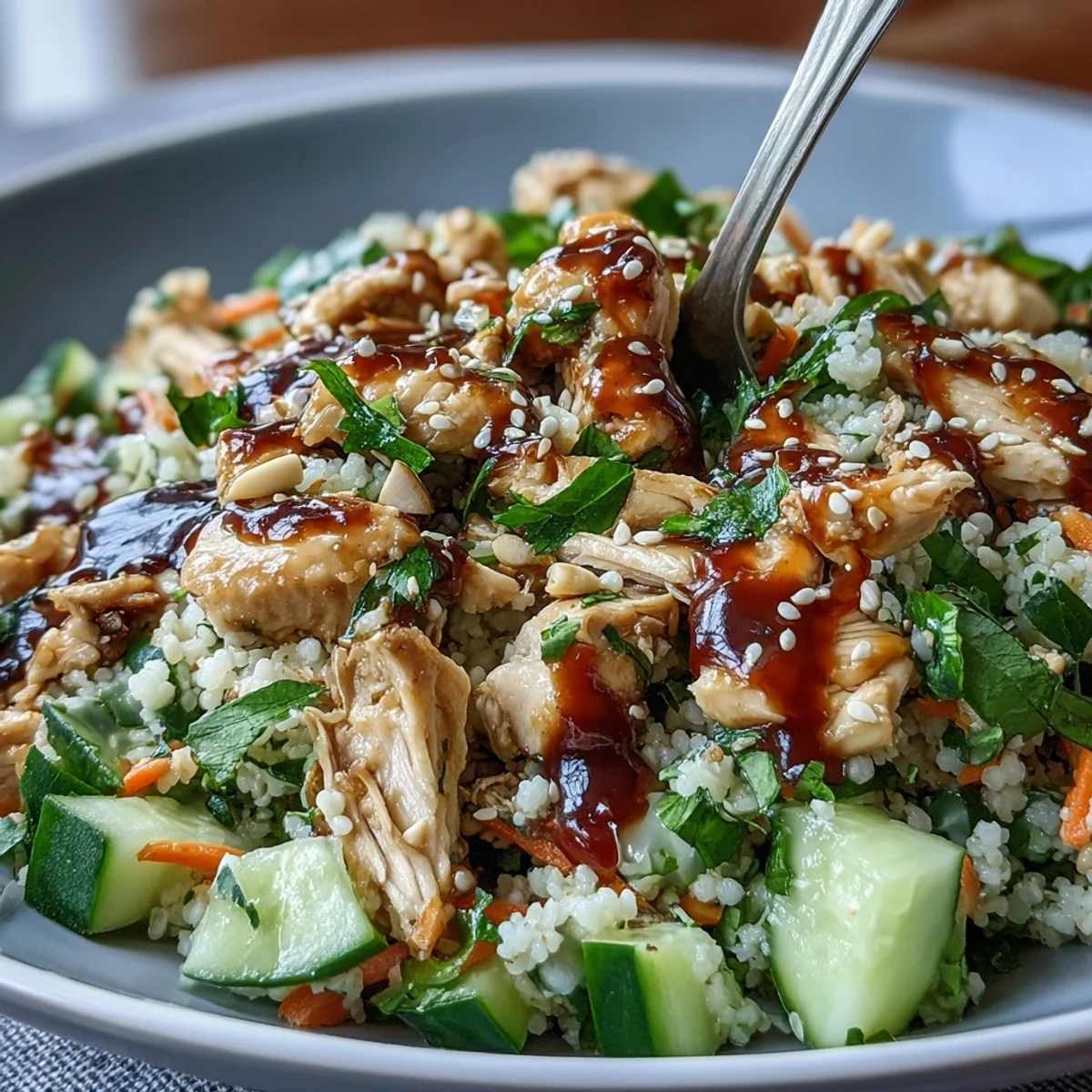 Freshly cooked pearl couscous salad with shredded rotisserie chicken, crisp cucumber, carrots, and herbs, tossed in a sesame-soy dressing and topped with toasted sesame seeds.